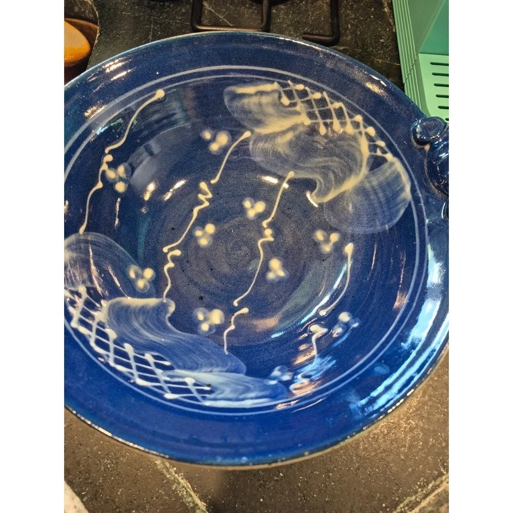 I.B. Remsen Art Pottery Blue Serving Bowl Shell Handles Studio Ceramic Coastal